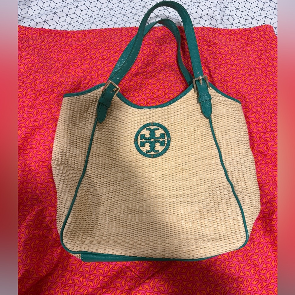 Tory Burch Green Leather and Rafia Shoulder Bag